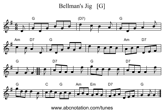 Bellman's Jig   [G] - staff notation