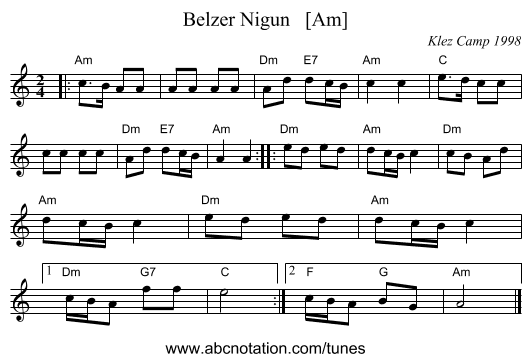 Belzer Nigun   [Am] - staff notation