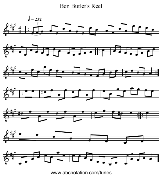 Ben Butler's Reel - staff notation