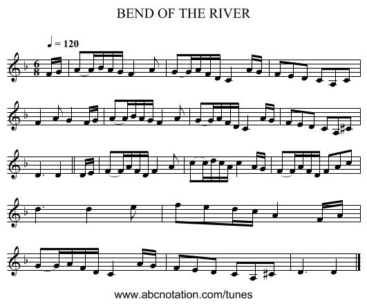 BEND OF THE RIVER - staff notation
