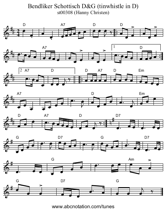 Bendliker Schottisch D&G (tinwhistle in D) - staff notation