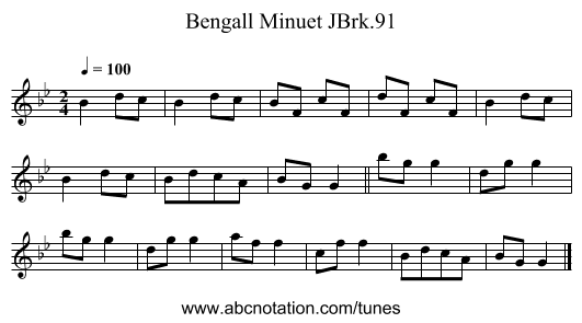 Bengall Minuet JBrk.91 - staff notation