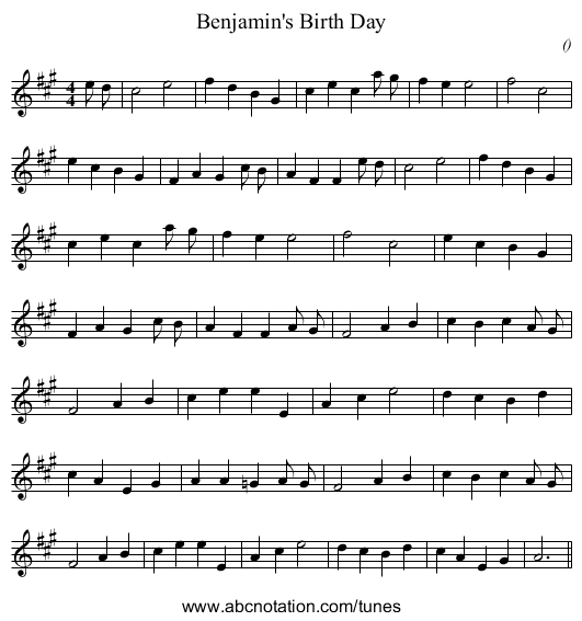 Benjamin's Birth Day - staff notation