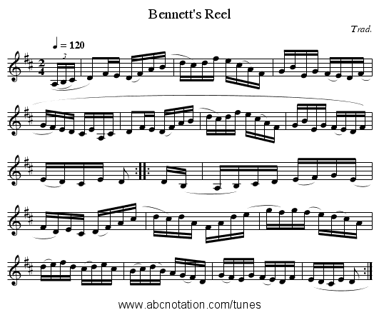 Bennett's Reel - staff notation