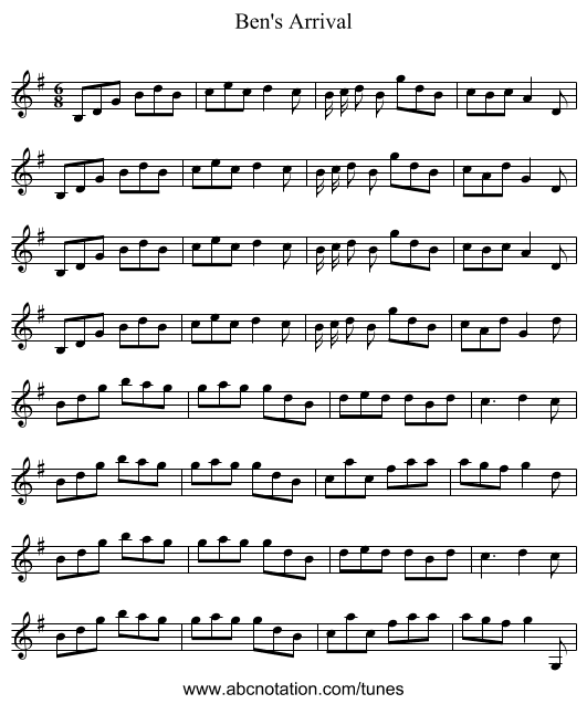 Ben's Arrival - staff notation