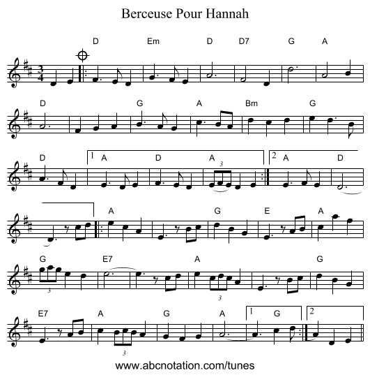 Berceuse Pour Hannah - staff notation