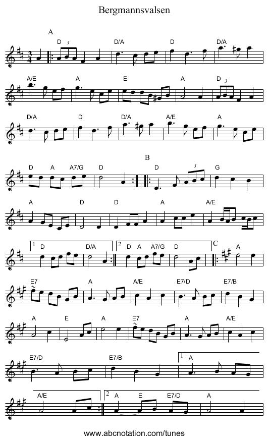 Bergmannsvalsen - staff notation