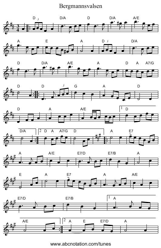 Bergmannsvalsen - staff notation