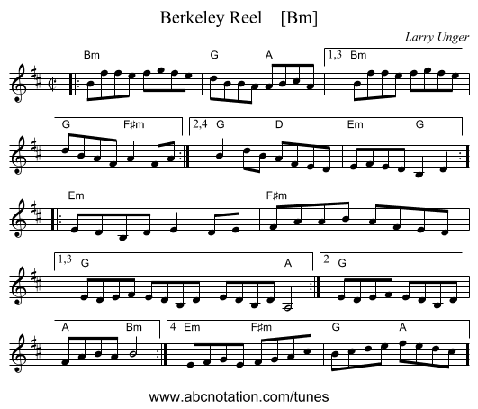 Berkeley Reel    [Bm] - staff notation