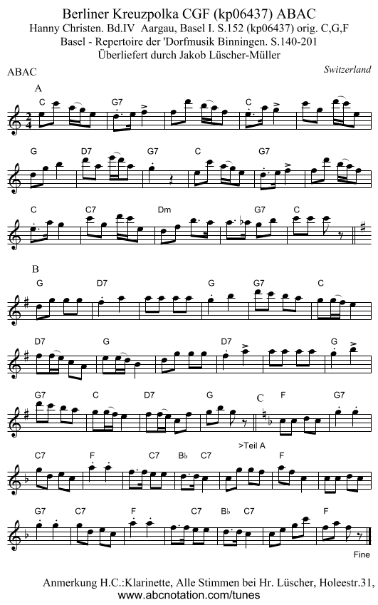 Berliner Kreuzpolka CGF (kp06437) ABAC - staff notation