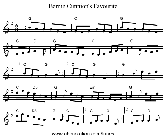 Bernie Cunnion's Favourite - staff notation