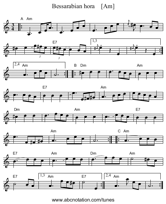 Bessarabian hora    [Am] - staff notation