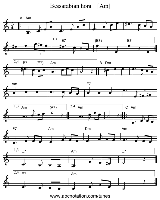 Bessarabian hora    [Am] - staff notation