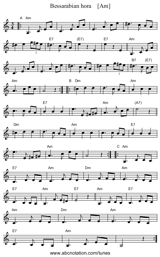 Bessarabian hora    [Am] - staff notation