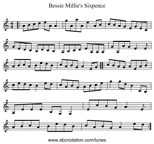 Bessie Millie's Sixpence - staff notation