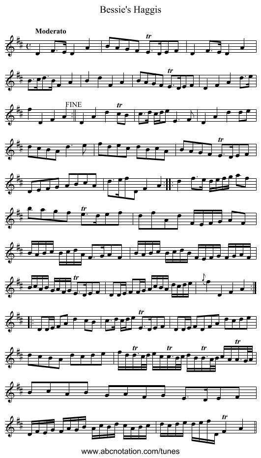 Bessie's Haggis - staff notation