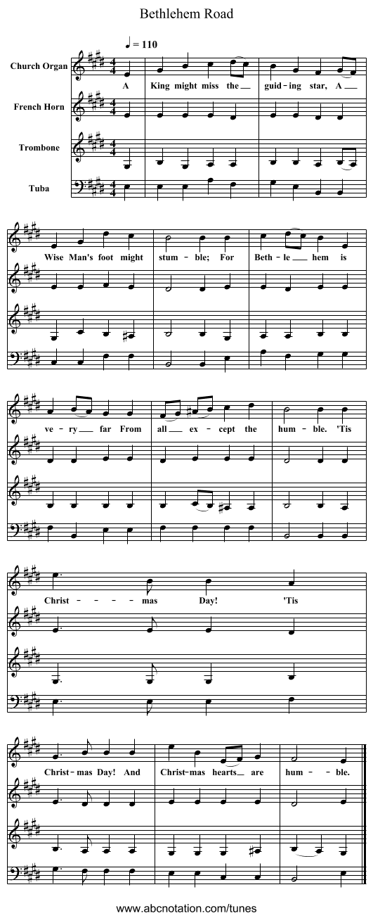 Bethlehem Road - staff notation
