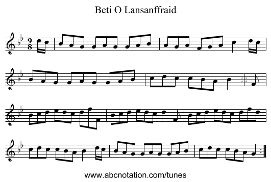 Beti O Lansanffraid - staff notation
