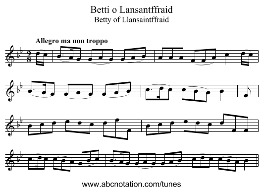 Betti o Lansantffraid - staff notation