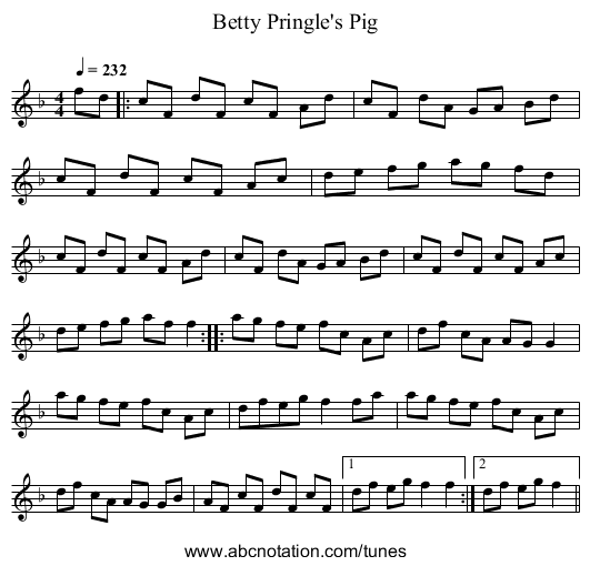 Betty Pringle's Pig - staff notation
