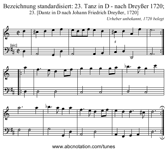 Bezeichnung standardisiert: 23. Tanz in D - nach Drey&szlig;er 1720; - staff notation