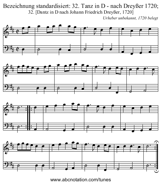Bezeichnung standardisiert: 32. Tanz in D - nach Dreyßer 1720; - staff notation
