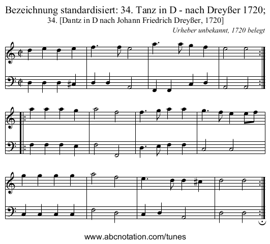 Bezeichnung standardisiert: 34. Tanz in D - nach Drey&szlig;er 1720; - staff notation