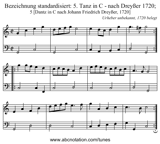 Bezeichnung standardisiert: 5. Tanz in C - nach Drey&szlig;er 1720; - staff notation