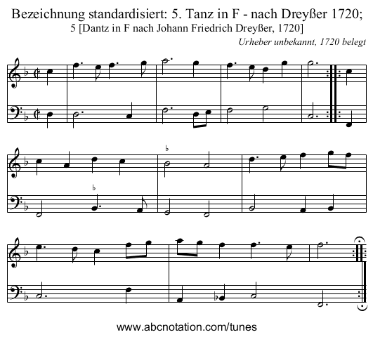 Bezeichnung standardisiert: 5. Tanz in F - nach Drey&szlig;er 1720; - staff notation
