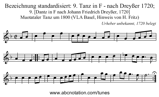 Bezeichnung standardisiert: 9. Tanz in F - nach Drey&szlig;er 1720; - staff notation