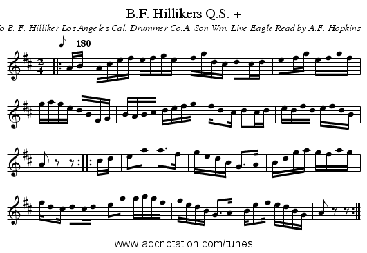 B.F. Hillikers Q.S. + - staff notation