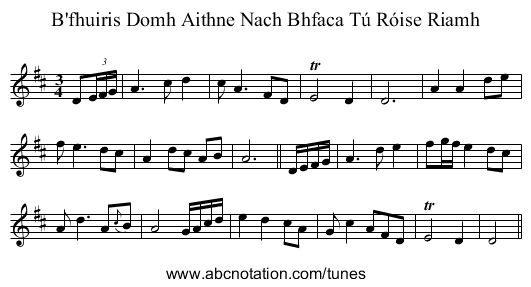 B'fhuiris Domh Aithne Nach Bhfaca Tú Róise Riamh - staff notation
