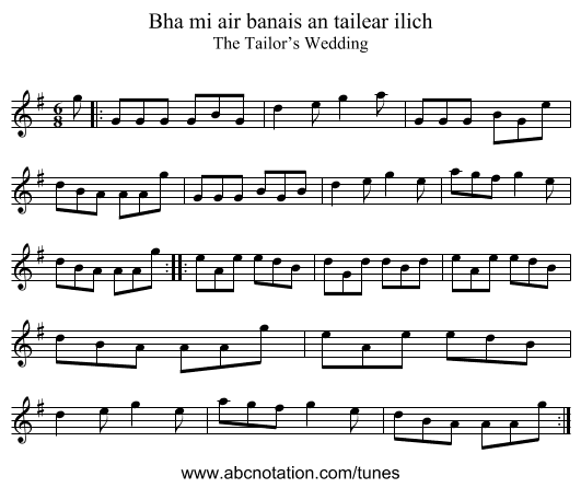 Bha mi air banais an tailear ilich - staff notation