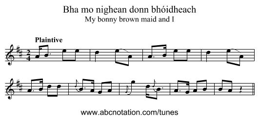 Bha mo nighean donn bhóidheach - staff notation