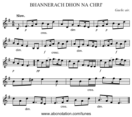 BHANNERACH DHON NA CHRI' - staff notation