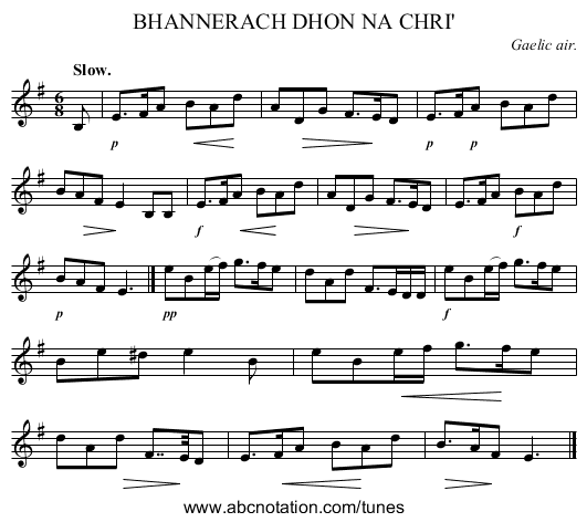 BHANNERACH DHON NA CHRI' - staff notation
