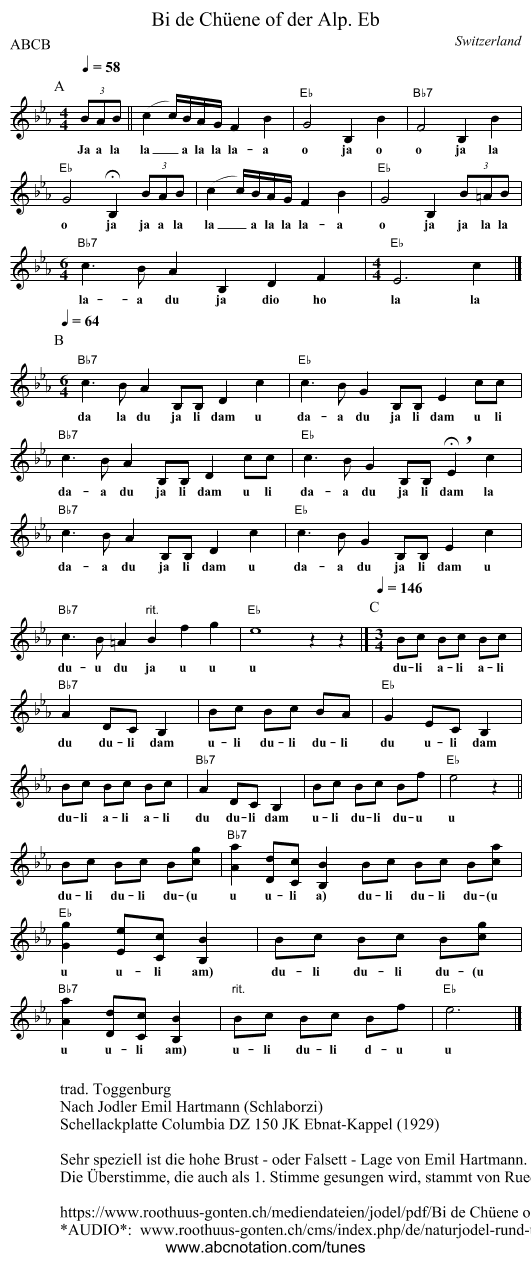 Bi de Chüene of der Alp. Eb - staff notation