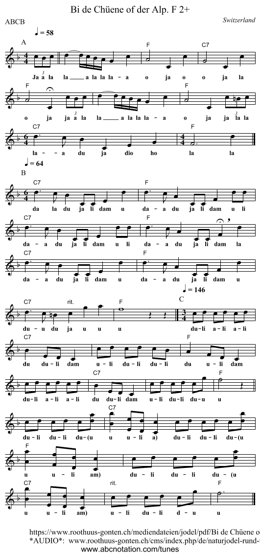 Bi de Chüene of der Alp. F 2+ - staff notation
