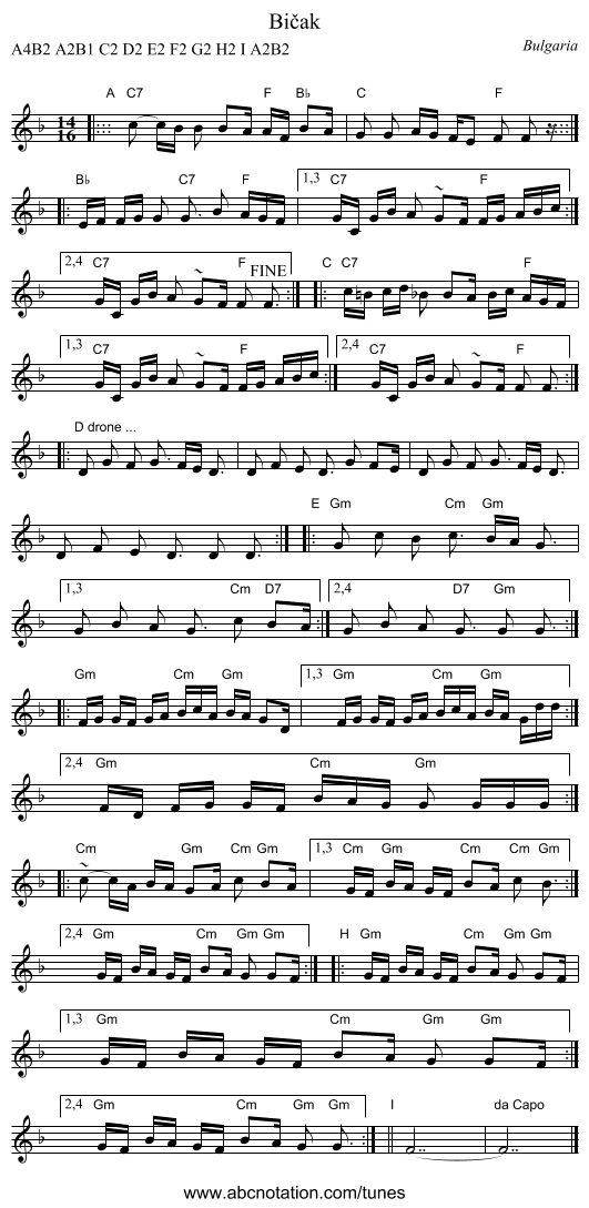 Bičak - staff notation