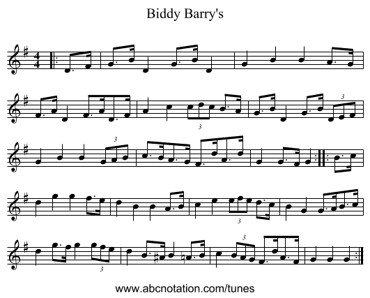 Biddy Barry's - staff notation