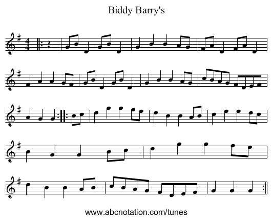 Biddy Barry's - staff notation