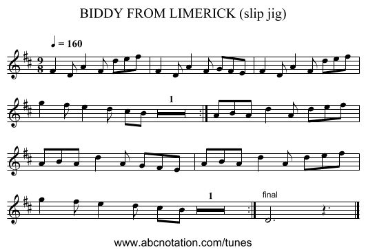 BIDDY FROM LIMERICK (slip jig) - staff notation