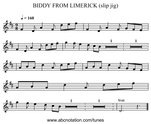 BIDDY FROM LIMERICK (slip jig) - staff notation