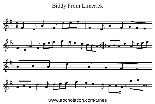 Biddy From Limerick - staff notation
