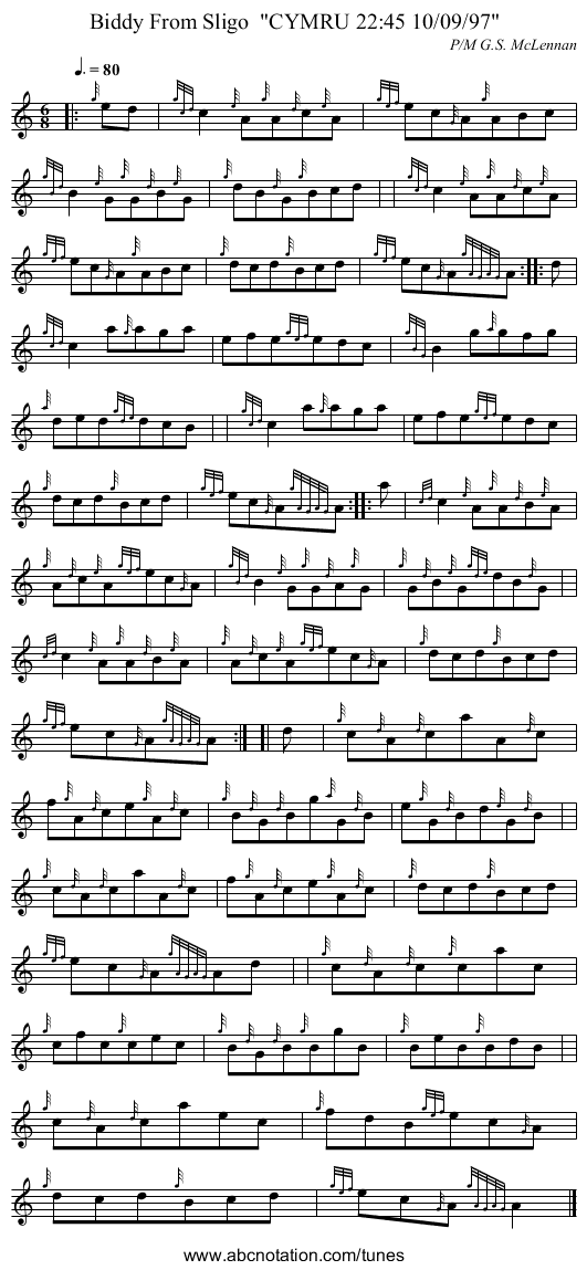 Biddy From Sligo  CYMRU 22:45 10/09/97 - staff notation