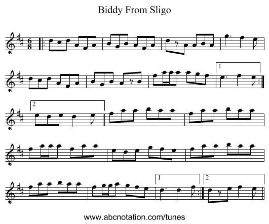 Biddy From Sligo - staff notation