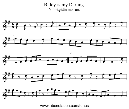 Biddy is my Darling. - staff notation