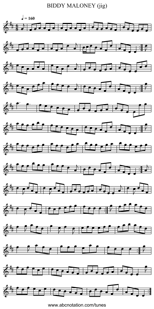 BIDDY MALONEY (jig) - staff notation