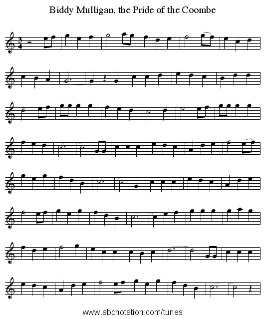 Biddy Mulligan, the Pride of the Coombe - staff notation