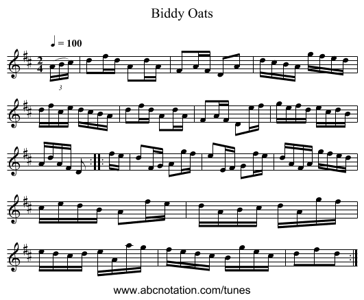 Biddy Oats - staff notation